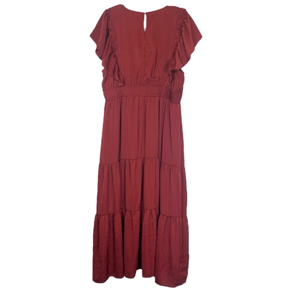 Melloday Red Maroon Ruffle Tiered Satin Flutter Sleeve Maxi Midi Dress size XL - Picture 3 of 5